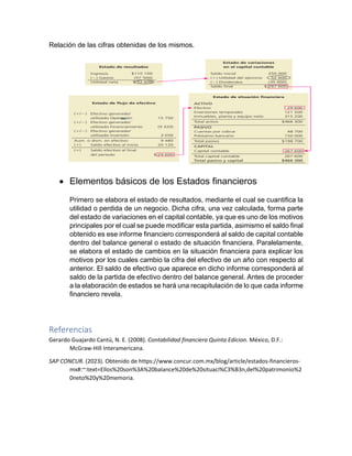 Relación de las cifras obtenidas de los mismos.
• Elementos básicos de los Estados financieros
Primero se elabora el estado de resultados, mediante el cual se cuantifica la
utilidad o perdida de un negocio. Dicha cifra, una vez calculada, forma parte
del estado de variaciones en el capital contable, ya que es uno de los motivos
principales por el cual se puede modificar esta partida, asimismo el saldo final
obtenido es ese informe financiero corresponderá al saldo de capital contable
dentro del balance general o estado de situación financiera. Paralelamente,
se elabora el estado de cambios en la situación financiera para explicar los
motivos por los cuales cambio la cifra del efectivo de un año con respecto al
anterior. El saldo de efectivo que aparece en dicho informe corresponderá al
saldo de la partida de efectivo dentro del balance general. Antes de proceder
a la elaboración de estados se hará una recapitulación de lo que cada informe
financiero revela.
Referencias
Gerardo Guajardo Cantú, N. E. (2008). Contabilidad financiera Quinta Edicion. México, D.F.:
McGraw-Hill Interamericana.
SAP CONCUR. (2023). Obtenido de https://www.concur.com.mx/blog/article/estados-financieros-
mx#:~:text=Ellos%20son%3A%20balance%20de%20situaci%C3%B3n,del%20patrimonio%2
0neto%20y%20memoria.
 