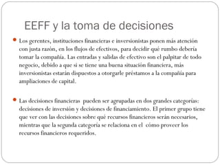 EEFF y la toma de decisiones
Los gerentes, instituciones financieras e inversionistas ponen más atención
con justa razón, en los flujos de efectivos, para decidir qué rumbo debería
tomar la compañía. Las entradas y salidas de efectivo son el palpitar de todo
negocio, debido a que si se tiene una buena situación financiera, más
inversionistas estarán dispuestos a otorgarle préstamos a la compañía para
ampliaciones de capital.
Las decisiones financieras pueden ser agrupadas en dos grandes categorías:
decisiones de inversión y decisiones de financiamiento. El primer grupo tiene
que ver con las decisiones sobre qué recursos financieros serán necesarios,
mientras que la segunda categoría se relaciona en el cómo proveer los
recursos financieros requeridos.
 
 