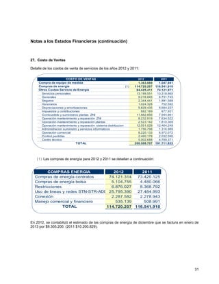 Notas a los Estados Financieros (continuación)
31
27. Costo de Ventas
Detalle de los costos de venta de servicios de los años 2012 y 2011:
(1) Las compras de energía para 2012 y 2011 se detallan a continuación:
En 2012, se contabilizó el estimado de las compras de energía de diciembre que se factura en enero de
2013 por $9.305.200. (2011 $10.200.829).
2012 2011
1.363.089 1.047.941
(1) 114.720.207 116.541.910
84.425.411 74.121.971
Servicios personales 13.199.551 13.318.865
Generales 9.216.845 6.731.745
Seguros 2.344.441 1.991.588
Honorarios 1.024.328 752.592
Depreciaciones y amortizaciones 5.828.435 5.684.227
Impuestos y contribuciones 682.169 677.931
Combustible y suministros plantas ZNI 11.882.856 7.944.861
Operación mantenimiento y reparación ZNI 8.232.819 7.634.522
Operación mantenimiento y reparación plantas 2.523.142 1.810.369
Operación mantenimiento y reparación sistema distribucion 12.051.028 12.464.249
Administracion suministro y servicios informaticos 1.756.798 1.316.989
Operación comercial 8.220.133 6.972.072
Control perdidas 2.460.178 2.032.590
Centro técnico 5.002.688 4.789.371
200.508.707 191.711.822
COSTO DE VENTAS
Compra de equipo de medida
Compras de energía
Otros Costos Servicio de Energía
TOTAL
COMPRAS ENERGIA 2012 2011
Compras de energía contratos 74.121.314 73.420.125
Compras de energía bolsa 5.104.755 4.480.066
Restricciones 6.876.027 8.368.792
Uso de lineas y redes STN-STR-ADD 25.795.390 27.484.993
Conexión 2.287.582 2.278.943
Manejo comercial y financiero 535.139 508.991
114.720.207 116.541.910TOTAL
 