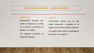 • INGRESOS
Representan recursos que
recibe el negocio por la venta
de un servicio o producto en
efectivo o a crédito.
Los ingresos aumentan el
capital del negocio.
• GASTOS
Comprenden activos que se han
usado consumido o gastado en el
negocio con el fin de obtener ingresos.
Los gastos disminuyen la participación
del dueño en el negocio.
ESTRUCTURA CONTABLE : CUENTAS BASICAS
 