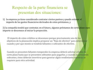 Respecto de la parte financiera se
presentan dos situaciones:
El importe de estos créditos se desconoce porque precisamente uno de los
objetivos de la planeación implica preparar un "flujo de efectivo" para determinar
cuando y por que monto se tendrán faltantes o sobrantes de efectivo.
Cuando se presenten faltantes temporales la empresa deberá solicitar crédito de
corto plazo hasta que se presenten sobrantes para pagarlos, y cuando se presenten
sobrantes, éstos deberán invertirse para generar algún rendimiento mientras se
requiere para otra actividad.
1) la empresa ya tiene considerado contratar ciertos pasivos y puede estimar el
importe de los gastos financieros derivados de estos préstamos, y
2) la compañía tendrá que contratar, en el futuro, algunos préstamos de corto plazo cuyo
importe se desconoce al iniciar la proyección.
 