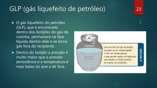 GLP (gás liquefeito de petróleo)
 O gás liquefeito do petróleo
(GLP), que é encontrado
dentro dos botijões do gás de
cozinha, permanece na fase
líquida dentro dele e se torna
gás fora do recipiente.
 Dentro do botijão a pressão é
muito maior que a pressão
atmosférica e a temperatura é
mais baixa do que a de fora.
23
 