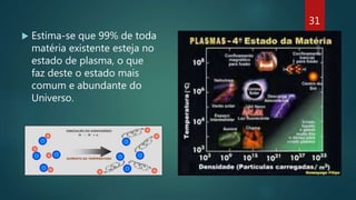  Estima-se que 99% de toda
matéria existente esteja no
estado de plasma, o que
faz deste o estado mais
comum e abundante do
Universo.
31
 