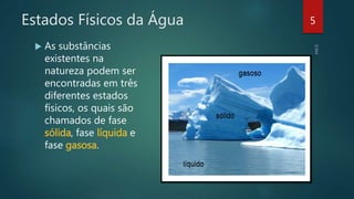 Estados Físicos da Água
 As substâncias
existentes na
natureza podem ser
encontradas em três
diferentes estados
físicos, os quais são
chamados de fase
sólida, fase líquida e
fase gasosa.
5
 