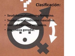Clasificación:
•
•
•
•

Seudohermafroditismo femenino.
Seudohermafroditismo masculino.
Hermafroditismo verdadero.
Disgenesia gonadal.

 