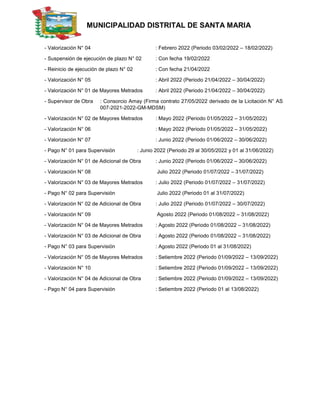 MUNICIPALIDAD DISTRITAL DE SANTA MARIA
- Valorización N° 04 : Febrero 2022 (Periodo 03/02/2022 – 18/02/2022)
- Suspensión de ejecución de plazo N° 02 : Con fecha 19/02/2022
- Reinicio de ejecución de plazo N° 02 : Con fecha 21/04/2022
- Valorización N° 05 : Abril 2022 (Periodo 21/04/2022 – 30/04/2022)
- Valorización N° 01 de Mayores Metrados : Abril 2022 (Periodo 21/04/2022 – 30/04/2022)
- Supervisor de Obra : Consorcio Amay (Firma contrato 27/05/2022 derivado de la Licitación N° AS
007-2021-2022-GM-MDSM)
- Valorización N° 02 de Mayores Metrados : Mayo 2022 (Periodo 01/05/2022 – 31/05/2022)
- Valorización N° 06 : Mayo 2022 (Periodo 01/05/2022 – 31/05/2022)
- Valorización N° 07 : Junio 2022 (Periodo 01/06/2022 – 30/06/2022)
- Pago N° 01 para Supervisión : Junio 2022 (Periodo 29 al 30/05/2022 y 01 al 31/06/2022)
- Valorización N° 01 de Adicional de Obra : Junio 2022 (Periodo 01/06/2022 – 30/06/2022)
- Valorización N° 08 Julio 2022 (Periodo 01/07/2022 – 31/07/2022)
- Valorización N° 03 de Mayores Metrados : Julio 2022 (Periodo 01/07/2022 – 31/07/2022)
- Pago N° 02 para Supervisión Julio 2022 (Periodo 01 al 31/07/2022)
- Valorización N° 02 de Adicional de Obra : Julio 2022 (Periodo 01/07/2022 – 30/07/2022)
- Valorización N° 09 Agosto 2022 (Periodo 01/08/2022 – 31/08/2022)
- Valorización N° 04 de Mayores Metrados : Agosto 2022 (Periodo 01/08/2022 – 31/08/2022)
- Valorización N° 03 de Adicional de Obra : Agosto 2022 (Periodo 01/08/2022 – 31/08/2022)
- Pago N° 03 para Supervisión : Agosto 2022 (Periodo 01 al 31/08/2022)
- Valorización N° 05 de Mayores Metrados : Setiembre 2022 (Periodo 01/09/2022 – 13/09/2022)
- Valorización N° 10 : Setiembre 2022 (Periodo 01/09/2022 – 13/09/2022)
- Valorización N° 04 de Adicional de Obra : Setiembre 2022 (Periodo 01/09/2022 – 13/09/2022)
- Pago N° 04 para Supervisión : Setiembre 2022 (Periodo 01 al 13/08/2022)
 