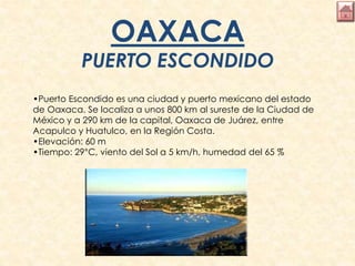 OAXACA
PUERTO ESCONDIDO
•Puerto Escondido es una ciudad y puerto mexicano del estado
de Oaxaca. Se localiza a unos 800 km al sureste de la Ciudad de
México y a 290 km de la capital, Oaxaca de Juárez, entre
Acapulco y Huatulco, en la Región Costa.
•Elevación: 60 m
•Tiempo: 29°C, viento del Sol a 5 km/h, humedad del 65 %
 