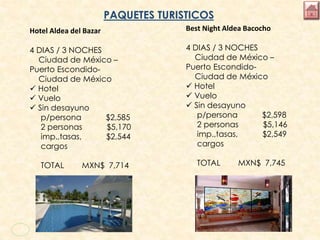 Hotel Aldea del Bazar
4 DIAS / 3 NOCHES
Ciudad de México –
Puerto Escondido-
Ciudad de México
 Hotel
 Vuelo
 Sin desayuno
p/persona $2,585
2 personas $5,170
imp.,tasas, $2,544
cargos
TOTAL MXN$ 7,714
PAQUETES TURISTICOS
Best Night Aldea Bacocho
4 DIAS / 3 NOCHES
Ciudad de México –
Puerto Escondido-
Ciudad de México
 Hotel
 Vuelo
 Sin desayuno
p/persona $2,598
2 personas $5,146
imp.,tasas, $2,549
cargos
TOTAL MXN$ 7,745
 