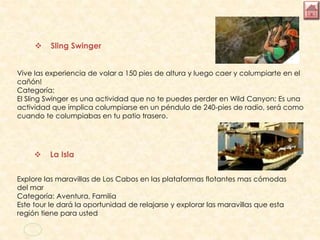  Sling Swinger
 La Isla
Vive las experiencia de volar a 150 pies de altura y luego caer y columpiarte en el
cañón!
Categoría:
El Sling Swinger es una actividad que no te puedes perder en Wild Canyon; Es una
actividad que implica columpiarse en un péndulo de 240-pies de radio, será como
cuando te columpiabas en tu patio trasero.
Explore las maravillas de Los Cabos en las plataformas flotantes mas cómodas
del mar
Categoría: Aventura, Familia
Este tour le dará la oportunidad de relajarse y explorar las maravillas que esta
región tiene para usted
 