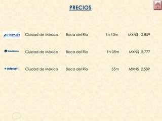 PRECIOS
Ciudad de México Boca del Rio 1h 10m MXN$ 2,859
Ciudad de México Boca del Rio 1h 05m MXN$ 2,777
Ciudad de México Boca del Rio 55m MXN$ 2,589
 