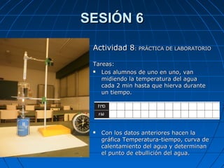 SESIÓN 6SESIÓN 6
Actividad 8Actividad 8: PRÁCTICA DE LABORATORIO: PRÁCTICA DE LABORATORIO
Tareas:Tareas:
 Los alumnos de uno en uno, vanLos alumnos de uno en uno, van
midiendo la temperatura del aguamidiendo la temperatura del agua
cada 2 min hasta que hierva durantecada 2 min hasta que hierva durante
un tiempo.un tiempo.
 Con los datos anteriores hacen laCon los datos anteriores hacen la
gráfica Temperatura-tiempo, curva degráfica Temperatura-tiempo, curva de
calentamiento del agua y determinancalentamiento del agua y determinan
el punto de ebullición del agua.el punto de ebullición del agua.
 