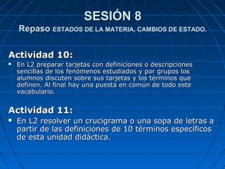 SESIÓN 8SESIÓN 8
RepasoRepaso ESTADOS DE LA MATERIA, CAMBIOS DE ESTADO.ESTADOS DE LA MATERIA, CAMBIOS DE ESTADO.
Actividad 10:Actividad 10:
 En L2 preparar tarjetas con definiciones o descripcionesEn L2 preparar tarjetas con definiciones o descripciones
sencillas de los fenómenos estudiados y por grupos lossencillas de los fenómenos estudiados y por grupos los
alumnos discuten sobre sus tarjetas y los términos quealumnos discuten sobre sus tarjetas y los términos que
definen. Al final hay una puesta en común de todo estedefinen. Al final hay una puesta en común de todo este
vocabulario.vocabulario.
Actividad 11:Actividad 11:
 En L2 resolver un crucigrama o una sopa de letras aEn L2 resolver un crucigrama o una sopa de letras a
partir de las definiciones de 10 términos específicospartir de las definiciones de 10 términos específicos
de esta unidad didáctica.de esta unidad didáctica.
 