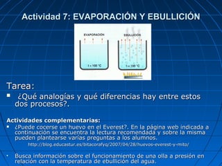 Actividad 7: EVAPORACIÓN Y EBULLICIÓNActividad 7: EVAPORACIÓN Y EBULLICIÓN
Tarea:Tarea:
 ¿Qué analogías y qué diferencias hay entre estos¿Qué analogías y qué diferencias hay entre estos
dos procesos?.dos procesos?.
Actividades complementarias:Actividades complementarias:
 ¿Puede cocerse un huevo en el Everest?. En la página web indicada a¿Puede cocerse un huevo en el Everest?. En la página web indicada a
continuación se encuentra la lectura recomendada y sobre la mismacontinuación se encuentra la lectura recomendada y sobre la misma
pueden plantearse varías preguntas a los alumnos.pueden plantearse varías preguntas a los alumnos.
http://blog.educastur.es/bitacorafyq/2007/04/28/huevos-everest-y-mito/http://blog.educastur.es/bitacorafyq/2007/04/28/huevos-everest-y-mito/
 Busca información sobre el funcionamiento de una olla a presión enBusca información sobre el funcionamiento de una olla a presión en
relación con la temperatura de ebullición del agua.relación con la temperatura de ebullición del agua.
 