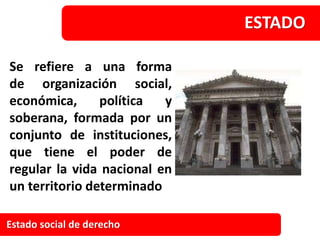 Estado social de derecho
ESTADO
Se refiere a una forma
de organización social,
económica, política y
soberana, formada por...