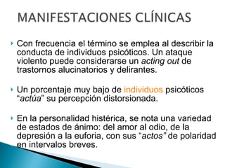 Con frecuencia el término se emplea al describir la conducta de individuos psicóticos. Un ataque violento puede considerarse un  acting out  de trastornos alucinatorios y delirantes. Un porcentaje muy bajo de  individuos  psicóticos “ actúa ” su percepción distorsionada. En la personalidad histérica, se nota una variedad de estados de ánimo: del amor al odio, de la depresión a la euforia, con sus “ actos”  de polaridad en intervalos breves. 