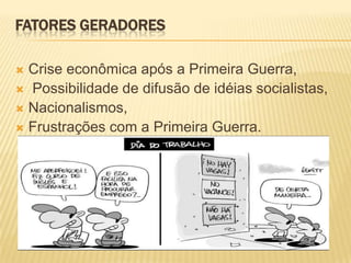 FATORES GERADORES

 Crise econômica após a Primeira Guerra,
 Possibilidade de difusão de idéias socialistas,
 Nacionalismos,
 Frustrações com a Primeira Guerra.
 