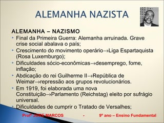 ALEMANHA – NAZISMO
 Final da Primeira Guerra: Alemanha arruinada. Grave
  crise social abalava o país;
 Crescimento do movimento operário→Liga Espartaquista
  (Rosa Luxemburgo);
 Dificuldades sócio-econômicas→desemprego, fome,
  inflação;
 Abdicação do rei Guilherme II→República de
  Weimar→repressão aos grupos revolucionários.
 Em 1919, foi elaborada uma nova
  Constituição→Parlamento (Reichstag) eleito por sufrágio
  universal.
 Dificuldades de cumprir o Tratado de Versalhes;

    Profº JORE MARCOS       -      9º ano – Ensino Fundamental
 
