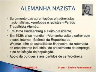    Surgimento das agremiações ultradireitistas,
    nacionalistas, xenófobas e racistas→Partido
    Trabalhista Alemão;
   Em 1924 Hindeenburg é eleito presidente.
   Em 1929: crise mundial→Alemanha volta a sofrer com
    o caos interno→falência da República de
    Weimar→fim da estabilidade financeira, da retomada
    do crescimento industrial, do crescimento de emprego
    e da satisfação da população.
   Apoio da burguesia aos partidos de centro-direita.


      Profº JORE MARCOS      -     9º ano – Ensino Fundamental
 