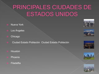 PRINCIPALES CIUDADES DE ESTADOS UNIDOSNueva YorkLos ÁngelesChicago  Ciudad Estado Población  Ciudad Estado Población HoustonPhoenixFiladelfia