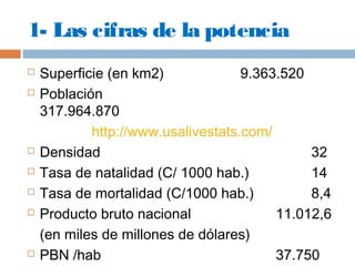 1- Las cifras de la potencia 
 Superficie (en km2) 9.363.520 
 Población 
317.964.870 
http://www.usalivestats.com/ 
 Densidad 32 
 Tasa de natalidad (C/ 1000 hab.) 14 
 Tasa de mortalidad (C/1000 hab.) 8,4 
 Producto bruto nacional 11.012,6 
(en miles de millones de dólares) 
 PBN /hab 37.750 
 