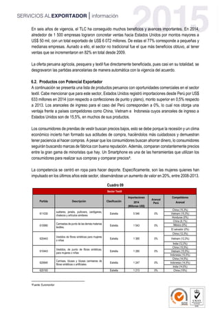 En seis años de vigencia, el TLC ha conseguido muchos beneficios y avances importantes. En 2014,
alrededor de 1 500 empresas lograron concretar ventas hacia Estados Unidos por montos mayores a
US$ 50 mil, con un total exportado de US$ 6 072 millones. De estas el 77% corresponde a pequeñas y
medianas empresas. Aunado a ello, el sector no tradicional fue el que más beneficios obtuvo, al tener
ventas que se incrementaron en 82% en total desde 2009.
La oferta peruana agrícola, pesquera y textil fue directamente beneficiada, pues casi en su totalidad, se
desgravaron las partidas arancelarias de manera automática con la vigencia del acuerdo.
6.2. Productos con Potencial Exportador
A continuación se presenta una lista de productos peruanos con oportunidades comerciales en el sector
textil. Cabe mencionar que para este sector, Estados Unidos registró importaciones desde Perú por US$
633 millones en 2014 (con respecto a confecciones de punto y plano), monto superior en 0,5% respecto
a 2013. Los aranceles de ingreso para el caso del Perú corresponden a 0%, lo cual nos otorga una
ventaja frente a países competidores como China, Vietnam e Indonesia cuyos aranceles de ingreso a
Estados Unidos son de 15,5%, en muchos de sus productos.
Los consumidores de prendas de vestir buscan precios bajos, esto se debe porque la recesión y un clima
económico incierto han formado sus actitudes de compra, haciéndolos más cuidadosos y demuestran
tener paciencia al hacer compras. A pesar que los consumidores buscan ahorrar dinero, lo consumidores
seguirán buscando marcas de fábrica con buena reputación. Además, comparan constantemente precios
entre la gran gama de minoristas que hay. Un Smartphone es una de las herramientas que utilizan los
consumidores para realizar sus compras y comparar precios3
.
La competencia se centró en ropa para hacer deporte. Específicamente, son las mujeres quienes han
impulsado en los últimos años este sector, observándose un aumento de valor en 20%, entre 2008-2013.
Cuadro 09
Sector Textil
Partida Descripción Clasificación
Importaciones
Arancel
Perú
Competidores
2014 Arancel
(Millones US$)
611030
suéteres, jerséis, pullovers, cardiganes,
chalecos y artículos similares
Estrella 5 546 0%
China (15,3%)
Vietnam (15,3%)
Honduras (0%)
610990
Camisetas de punto de las demás materias
textiles.
Estrella 1 543 0%
China (8,1%)
México (0%)
El salvador (0%)
620443
Vestidos de fibras sintéticas para mujeres
o niñas
Estrella 1 385 0%
China (12,3%)
Vietnam (12,3%)
India (12,3%)
610443
Vestidos, de punto de fibras sintéticas,
para mujeres o niñas
Estrella 1 280 0%
China (15,5%)
Vietnam (15,5%)
Indonesia (15,5%)
620640
Camisas, blusas y blusas camiseras de
fibras sintéticas o artificiales
Estrella 1 247 0%
China (14,5%)
Indonesia (14,5%)
India (14,5%)
620193 Estrella 1 213 0% China (15%)
3Fuente: Euromonitor
 