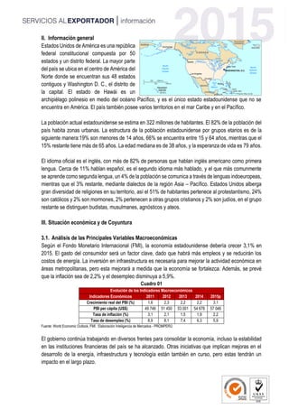 II. Información general
Estados Unidos de América es una república
federal constitucional compuesta por 50
estados y un distrito federal. La mayor parte
del país se ubica en el centro de América del
Norte donde se encuentran sus 48 estados
contiguos y Washington D. C., el distrito de
la capital. El estado de Hawái es un
archipiélago polinesio en medio del océano Pacífico, y es el único estado estadounidense que no se
encuentra en América. El país también posee varios territorios en el mar Caribe y en el Pacífico.
La población actual estadounidense se estima en 322 millones de habitantes. El 82% de la población del
país habita zonas urbanas. La estructura de la población estadounidense por grupos etarios es de la
siguiente manera:19% son menores de 14 años, 66% se encuentra entre 15 y 64 años, mientras que el
15% restante tiene más de 65 años. La edad mediana es de 38 años, y la esperanza de vida es 79 años.
El idioma oficial es el inglés, con más de 82% de personas que hablan inglés americano como primera
lengua. Cerca de 11% hablan español, es el segundo idioma más hablado, y el que más comunmente
se aprende como segunda lengua, un 4% de la población se comunica a través de lenguas indoeuropeas,
mientras que el 3% restante, mediante dialectos de la región Asia – Pacífico. Estados Unidos alberga
gran diversidad de religiones en su territorio, así el 51% de habitantes pertenece al protestantismo, 24%
son católicos y 2% son mormones, 2% pertenecen a otras grupos cristianos y 2% son judíos, en el grupo
restante se distinguen budistas, musulmanes, agnósticos y ateos.
III. Situación económica y de Coyuntura
3.1. Análisis de las Principales Variables Macroeconómicas
Según el Fondo Monetario Internacional (FMI), la economía estadounidense debería crecer 3,1% en
2015. El gasto del consumidor será un factor clave, dado que habrá más empleos y se reducirán los
costos de energía. La inversión en infraestructura es necesaria para mejorar la actividad económica en
áreas metropolitanas, pero esta mejorará a medida que la economía se fortalezca. Además, se prevé
que la inflación sea de 2,2% y el desempleo disminuya a 5,9%.
Cuadro 01
Evolución de los Indicadores Macroeconómicos
Indicadores Económicos 2011 2012 2013 2014 2015p
Crecimiento real del PBI (%) 1,6 2,3 2,2 2,2 3,1
PBI per cápita (US$) 49 746 51 450 53 001 54 678 57 046
Tasa de inflación (%) 3,1 2,1 1,5 1,9 2,2
Tasa de desempleo (%) 8,9 8,1 7,4 6,3 5,9
Fuente: World Economic Outlook, FMI. Elaboración Inteligencia de Mercados - PROMPERÚ
El gobierno continúa trabajando en diversos frentes para consolidar la economía, incluso la estabilidad
en las instituciones financieras del país se ha alcanzado. Otras iniciativas que implican mejoras en el
desarrollo de la energía, infraestructura y tecnología están también en curso, pero estas tendrán un
impacto en el largo plazo.
 
