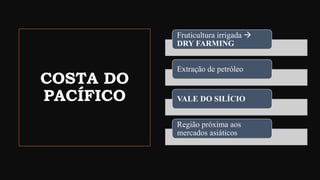 COSTA DO
PACÍFICO
Fruticultura irrigada →
DRY FARMING
Extração de petróleo
VALE DO SILÍCIO
Região próxima aos
mercados asiáticos
 