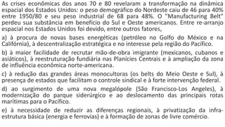 As crises econômicas dos anos 70 e 80 revelaram a transformação na dinâmica
espacial dos Estados Unidos: o peso demográfico do Nordeste caiu de 46 para 40%
entre 1950/80 e seu peso industrial de 68 para 48%. O "Manufacturing Belt"
perdeu sua substância em benefício do Sul e Oeste americanos. Entre re-arranjo
espacial nos Estados Unidos foi devido, entre outros fatores,
a) à procura de novas bases energéticas (petróleo no Golfo do México e na
Califórnia), à descentralização estratégica e no interesse pela região do Pacífico.
b) à maior facilidade de recrutar mão-de-obra imigrante (mexicanos, cubanos e
asiáticos), à reestruturação fundiária nas Planícies Centrais e à ampliação da zona
de influência econômica norte-americana.
c) à redução das grandes áreas monocultoras (os belts do Meio Oeste e Sul), à
presença de estados que facilitam o controle sindical e à forte intervenção federal.
d) ao surgimento de uma nova megalópole (São Francisco-Los Angeles), à
modernização do parque siderúrgico e ao deslocamento das principais rotas
marítimas para o Pacífico.
e) à necessidade de reduzir as diferenças regionais, à privatização da infra-
estrutura básica (energia e ferrovias) e à formação de zonas de livre comércio.
 