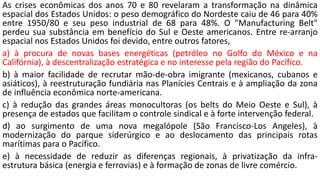 As crises econômicas dos anos 70 e 80 revelaram a transformação na dinâmica
espacial dos Estados Unidos: o peso demográfico do Nordeste caiu de 46 para 40%
entre 1950/80 e seu peso industrial de 68 para 48%. O "Manufacturing Belt"
perdeu sua substância em benefício do Sul e Oeste americanos. Entre re-arranjo
espacial nos Estados Unidos foi devido, entre outros fatores,
a) à procura de novas bases energéticas (petróleo no Golfo do México e na
Califórnia), à descentralização estratégica e no interesse pela região do Pacífico.
b) à maior facilidade de recrutar mão-de-obra imigrante (mexicanos, cubanos e
asiáticos), à reestruturação fundiária nas Planícies Centrais e à ampliação da zona
de influência econômica norte-americana.
c) à redução das grandes áreas monocultoras (os belts do Meio Oeste e Sul), à
presença de estados que facilitam o controle sindical e à forte intervenção federal.
d) ao surgimento de uma nova megalópole (São Francisco-Los Angeles), à
modernização do parque siderúrgico e ao deslocamento das principais rotas
marítimas para o Pacífico.
e) à necessidade de reduzir as diferenças regionais, à privatização da infra-
estrutura básica (energia e ferrovias) e à formação de zonas de livre comércio.
 