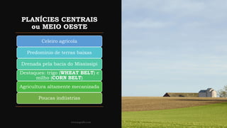 PLANÍCIES CENTRAIS
ou MEIO OESTE
Celeiro agrícola
Predomínio de terras baixas
Drenada pela bacia do Mississipi
Destaques: trigo (WHEAT BELT) e
milho (CORN BELT)
Agricultura altamente mecanizada
Poucas indústrias
www.jografia.com
 