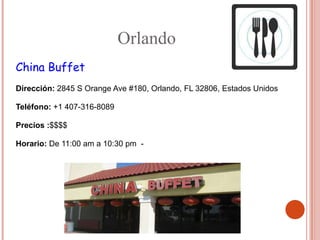 Orlando
China Buffet
Dirección: 2845 S Orange Ave #180, Orlando, FL 32806, Estados Unidos

Teléfono: +1 407-316-8089

Precios :$$$$

Horario: De 11:00 am a 10:30 pm -
 