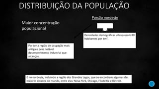 DISTRIBUIÇÃO DA POPULAÇÃO
É no nordeste, incluindo a região dos Grandes Lagos, que se encontram algumas das
maiores cidades do mundo, entre elas: Nova York, Chicago, Filadélfia e Detroit.
Por ser a região de ocupação mais
antiga e pelo notável
desenvolvimento industrial que
alcançou.
Densidades demográficas ultrapassam 80
habitantes por km².
Maior concentração
populacional
Porção nordeste
 
