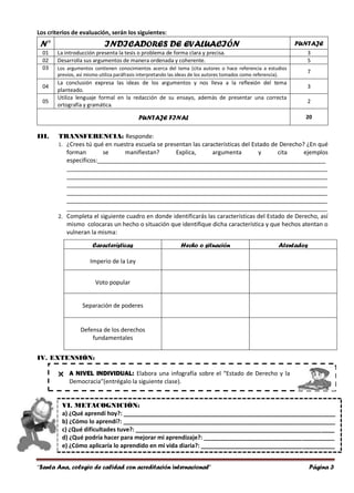 Los criterios de evaluación, serán los siguientes: 
N° INDICADORES DE EVALUACIÓN PUNTAJE 
01 La introducción presenta la tesis o problema de forma clara y precisa. 3 
02 Desarrolla sus argumentos de manera ordenada y coherente. 5 
03 
Los argumentos contienen conocimientos acerca del tema (cita autores o hace referencia a estudios 
previos, así mismo utiliza paráfrasis interpretando las ideas de los autores tomados como referencia). 
7 
04 
La conclusión expresa las ideas de los argumentos y nos lleva a la reflexión del tema 
planteado. 
3 
05 
Utiliza lenguaje formal en la redacción de su ensayo, además de presentar una correcta 
ortografía y gramática. 
2 
PUNTAJE FINAL 20 
III. TRANSFERENCIA: Responde: 
1. ¿Crees tú qué en nuestra escuela se presentan las características del Estado de Derecho? ¿En qué 
forman se manifiestan? Explica, argumenta y cita ejemplos 
específicos:______________________________________________________________________ 
________________________________________________________________________________ 
________________________________________________________________________________ 
________________________________________________________________________________ 
________________________________________________________________________________ 
________________________________________________________________________________ 
________________________________________________________________________________ 
2. Completa el siguiente cuadro en donde identificarás las características del Estado de Derecho, así 
mismo colocaras un hecho o situación que identifique dicha característica y que hechos atentan o 
vulneran la misma: 
Características Hecho o situación Atentados 
Imperio de la Ley 
Separación de poderes 
Defensa de los derechos 
fundamentales 
IV. EXTENSIÓN: 
Voto popular 
 A NIVEL INDIVIDUAL: Elabora una infografía sobre el “Estado de Derecho y la 
Democracia”(entrégalo la siguiente clase). 
VI. METACOGNICIÓN: 
a) ¿Qué aprendí hoy?: _________________________________________________________________ 
b) ¿Cómo lo aprendí?: _________________________________________________________________ 
c) ¿Qué dificultades tuve?: _____________________________________________________________ 
d) ¿Qué podría hacer para mejorar mi aprendizaje?: ________________________________________ 
e) ¿Cómo aplicaría lo aprendido en mi vida diaria?: _________________________________________ 
“Santa Ana, colegio de calidad con acreditación internacional” Página 3 
