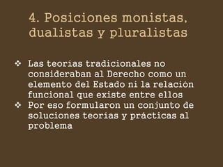 4. Posiciones monistas, dualistas y pluralistas 
Las teorías tradicionales no consideraban al Derecho como un elemento del Estado ni la relación funcional que existe entre ellos 
Por eso formularon un conjunto de soluciones teorías y prácticas al problema  