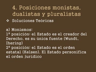 4. Posiciones monistas, dualistas y pluralistas 
Soluciones Teóricas 
a)Monismos: 1ª posición: el Estado es el creador del Derecho, es su única fuente (Wundt, Ihering) 2ª posición: el Estado es el orden estatal (Kelsen). El Estado personifica el orden jurídico  