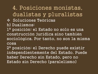 4. Posiciones monistas, dualistas y pluralistas 
Soluciones Teóricas b) Dualismos: 1ª posición: el Estado no solo es una construcción jurídica sino también sociológica. Por tanto, no son la misma cosa 2ª posición: el Derecho puede existir independientemente del Estado. Puede haber Derecho sin Estado, pero no Estado sin Derecho (paralelismo)  