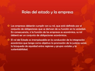 Roles del estado y la empresa
 Las empresas deberán cumplir con su rol, que está definido por el
conjunto de obligaciones que se derivan de su función en la sociedad.
En consecuencia, si la función de las empresas es económica, su rol
deberá ser un conjunto de obligaciones económicas.
 El rol del Estado es irremplazable en la conducción de la integración
económica que tenga como objetivo la promoción de la justicia social,
la búsqueda de equidad entre regiones y grupos sociales y la
sustentabilidad.
 