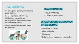 GOBIERNO
CLASIFICACIÓN
Se encarga de ejercer y administrar el
poder político.
Es el conjunto de autoridades,
instituciones y organismos
administrativos diversos que ejercen
los poderes del Estado.
Operan dentro del marco las leyes
establecidas.
 DEMOCRÁTICOS
 ANTIDEMOCRÁTICOS
ÓRGANOS QUE COMPONEN
UN GOBIERNO
Jefatura de Gobierno.
Vicepresidencia.
Ministerios.
Gobernaciones o gobiernos provinciales.
 
