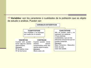 VARIABLES ESTADÍSTICAS
CUANTITATIVAS
Son medibles y se expresan
por medio de un número
CUALITATIVAS
•No se pueden medir y se
expresan con palabras.
•Tiene distintas
modalidades, que son las
diferentes situaciones que se
pueden presentar.
Ejemplos:
Sexo: Femenino – Masculino
Color de ojos
Color del cabello
DISCRETAS
Cuando solo pueden
tomar algunos valores
determinados.
Ejemplos:
Nº de padres vivos
Nº de hermanos
CONTINUAS
Cuando pueden tomar
infinitos valores
comprendidos entre dos
valores determinados.
Ejemplos:
Altura, peso, etc
Variables: son los caracteres o cualidades de la población que es objeto
de estudio o análisis. Pueden ser:
 