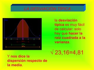 LA DESVIACIÓN TÍPICA la  desviación típica  es muy fácil de calcular: solo hay que  hacer la raíz cuadrada a la varianza .   Y  nos dice la dispersión respecto de la media .   √  23,16=4,81 