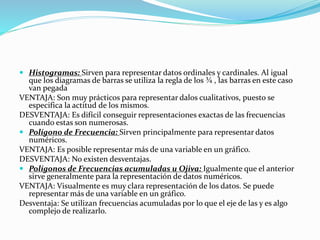  Histogramas: Sirven para representar datos ordinales y cardinales. Al igual
que los diagramas de barras se utiliza la regla de los ¾ , las barras en este caso
van pegada
VENTAJA: Son muy prácticos para representar dalos cualitativos, puesto se
especifica la actitud de los mismos.
DESVENTAJA: Es difícil conseguir representaciones exactas de las frecuencias
cuando estas son numerosas.
 Polígono de Frecuencia: Sirven principalmente para representar datos
numéricos.
VENTAJA: Es posible representar más de una variable en un gráfico.
DESVENTAJA: No existen desventajas.
 Polígonos de Frecuencias acumuladas u Ojiva: Igualmente que el anterior
sirve generalmente para la representación de datos numéricos.
VENTAJA: Visualmente es muy clara representación de los datos. Se puede
representar más de una variable en un gráfico.
Desventaja: Se utilizan frecuencias acumuladas por lo que el eje de las y es algo
complejo de realizarlo.
 
