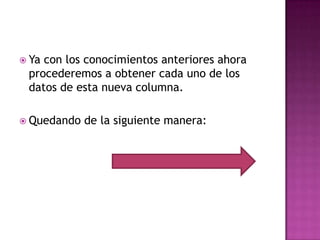  Yacon los conocimientos anteriores ahora
 procederemos a obtener cada uno de los
 datos de esta nueva columna.

 Quedando   de la siguiente manera:
 