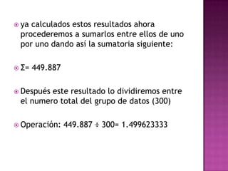  yacalculados estos resultados ahora
 procederemos a sumarlos entre ellos de uno
 por uno dando así la sumatoria siguiente:

 Σ=   449.887

 Despuéseste resultado lo dividiremos entre
 el numero total del grupo de datos (300)

 Operación:     449.887 ÷ 300= 1.499623333
 