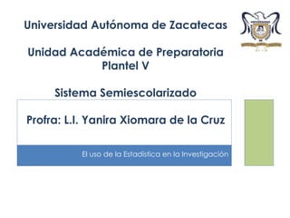 Universidad Autónoma de Zacatecas

Unidad Académica de Preparatoria
           Plantel V

     Sistema Semiescolarizado

Profra: L.I. Yanira Xiomara de la Cruz

          El uso de la Estadística en la Investigación
 