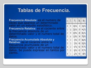 Tablas de Frecuencia.
 Frecuencia Absoluta: es el numero de
veces que aparece un determinado
valor en un estudio estadístico.
 Frecuencia Relativa: es el cociente entre
la frecuencia absoluta de un
determinado valor y el numero total de
datos.
 Frecuencia Acumulada Absoluta y
Relativa: es el cociente entre la
frecuencia acumulada de un
determinado valor y el numero total de
datos. Se puede expresar en tantos por
ciento.
 