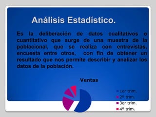Análisis Estadístico.
 Es la deliberación de datos cualitativos o
cuantitativo que surge de una muestra de la
poblacional, que se realiza con entrevistas,
encuesta entre otros, con fin de obtener un
resultado que nos permite describir y analizar los
datos de la población.
Ventas
1er trim.
2º trim.
3er trim.
4º trim.
 