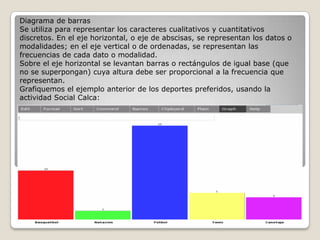 Diagrama de barras
Se utiliza para representar los caracteres cualitativos y cuantitativos
discretos. En el eje horizontal, o eje de abscisas, se representan los datos o
modalidades; en el eje vertical o de ordenadas, se representan las
frecuencias de cada dato o modalidad.
Sobre el eje horizontal se levantan barras o rectángulos de igual base (que
no se superpongan) cuya altura debe ser proporcional a la frecuencia que
representan.
Grafiquemos el ejemplo anterior de los deportes preferidos, usando la
actividad Social Calca:

 