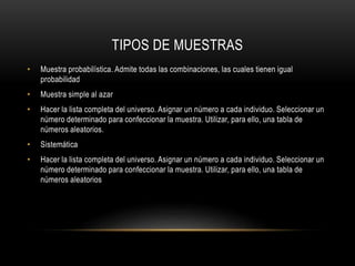 TIPOS DE MUESTRAS
• Muestra probabilística. Admite todas las combinaciones, las cuales tienen igual
probabilidad
• Muestra simple al azar
• Hacer la lista completa del universo. Asignar un número a cada individuo. Seleccionar un
número determinado para confeccionar la muestra. Utilizar, para ello, una tabla de
números aleatorios.
• Sistemática
• Hacer la lista completa del universo. Asignar un número a cada individuo. Seleccionar un
número determinado para confeccionar la muestra. Utilizar, para ello, una tabla de
números aleatorios
 