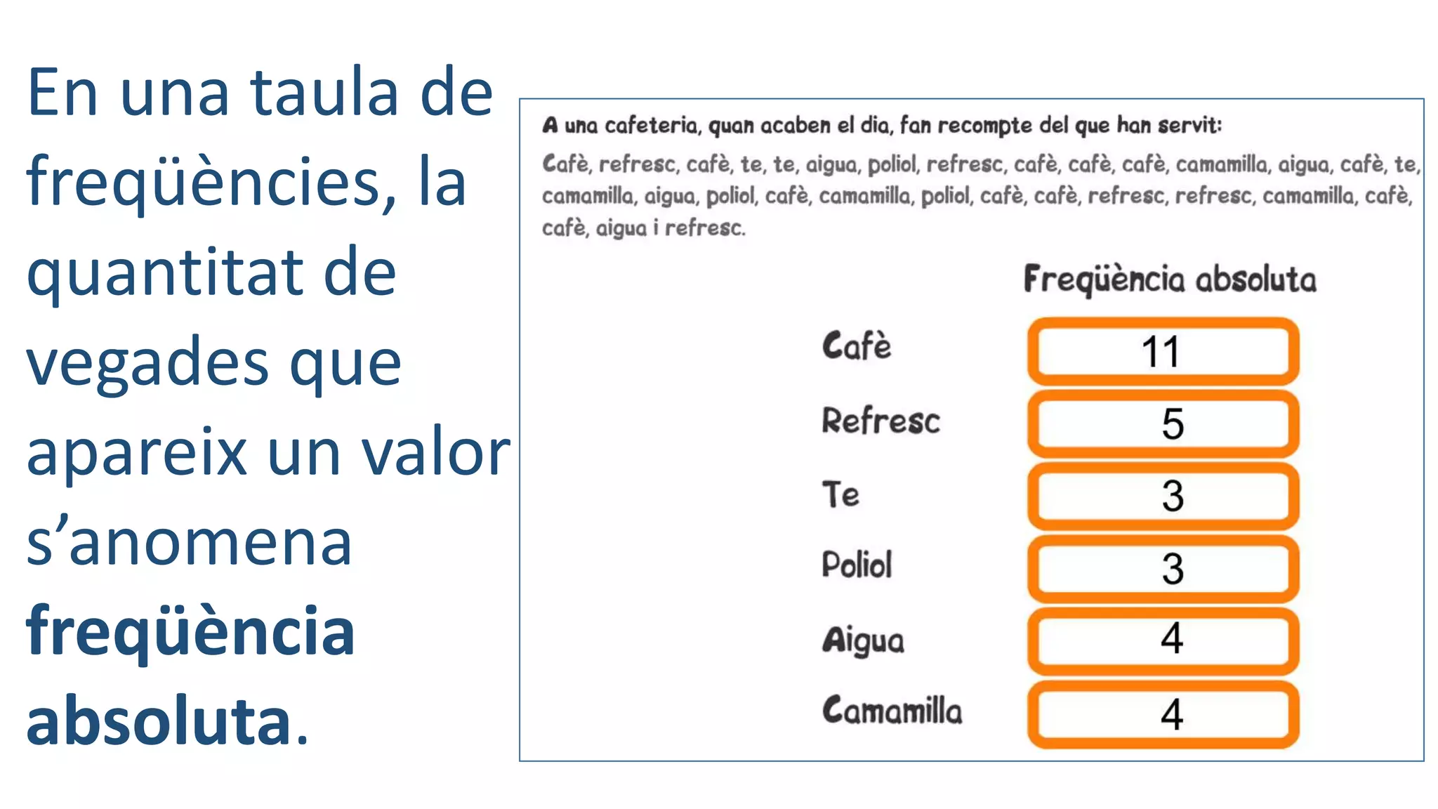 En una taula de
freqüències, la
quantitat de
vegades que
apareix un valor
s’anomena
freqüència
absoluta.
 