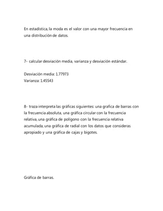 En estadística, la moda es el valor con una mayor frecuencia en
una distribución de datos.
7- calcular desviación media, varianza y desviación estándar.
Desviación media: 1.77973
Varianza: 1.45543
8- traza interpreta las gráficas siguientes: una grafica de barras con
la frecuencia absoluta, una gráfica circular con la frecuencia
relativa, una gráfica de polígono con la frecuencia relativa
acumulada, una gráfica de radial con los datos que consideras
apropiado y una gráfica de cajas y bigotes.
Gráfica de barras.
 
